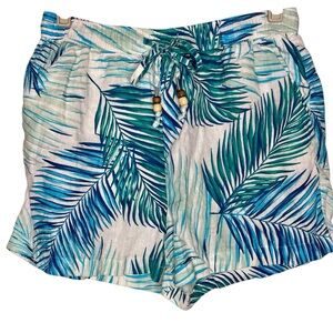 Tahari Shorts Linen Tropical Palm Print Drawstring White Blue Green Size Large